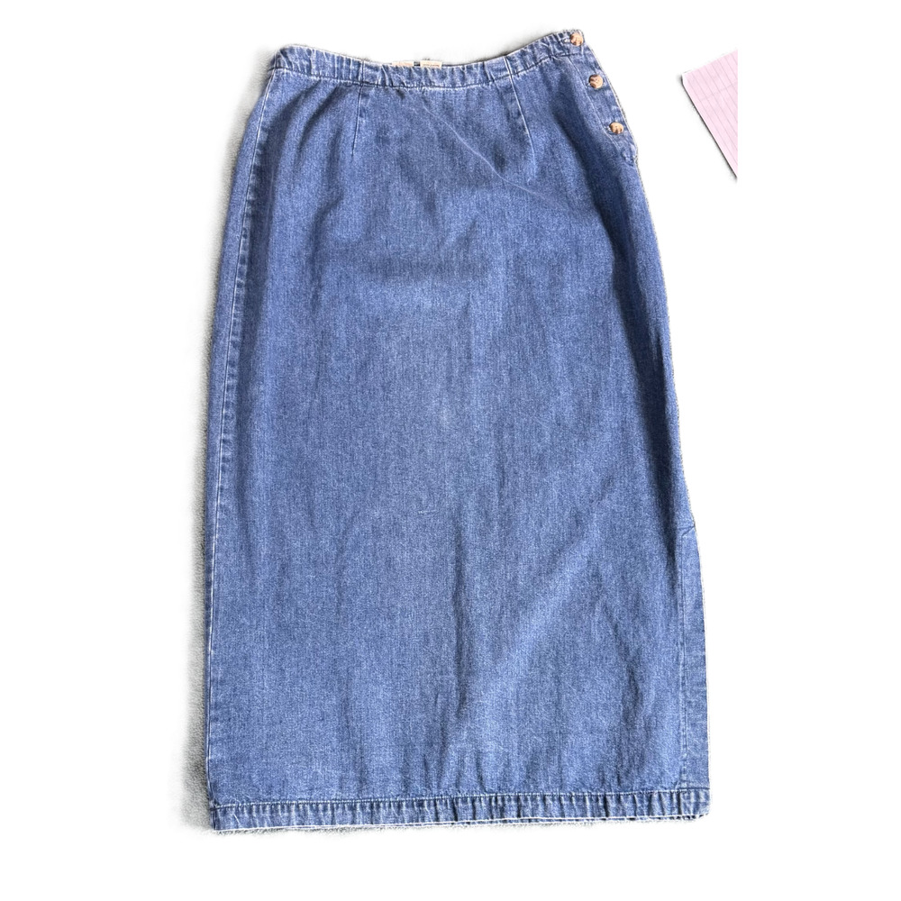 Vintage Eddie Bauer Denim Skirt Size 10 Blue Midi Side Button Detail Classic 90s